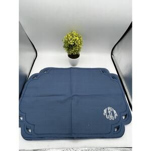 Monogram Linen Placemat Set of 6 Blue Cutwork Scalloped Border Script Initial MS